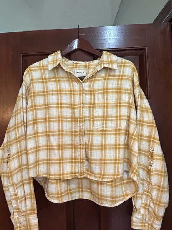 American Eagle Outfitters Tops - American Eagle Cropped Mustard Plaid Distressed Elbow Flannel Shirt L
